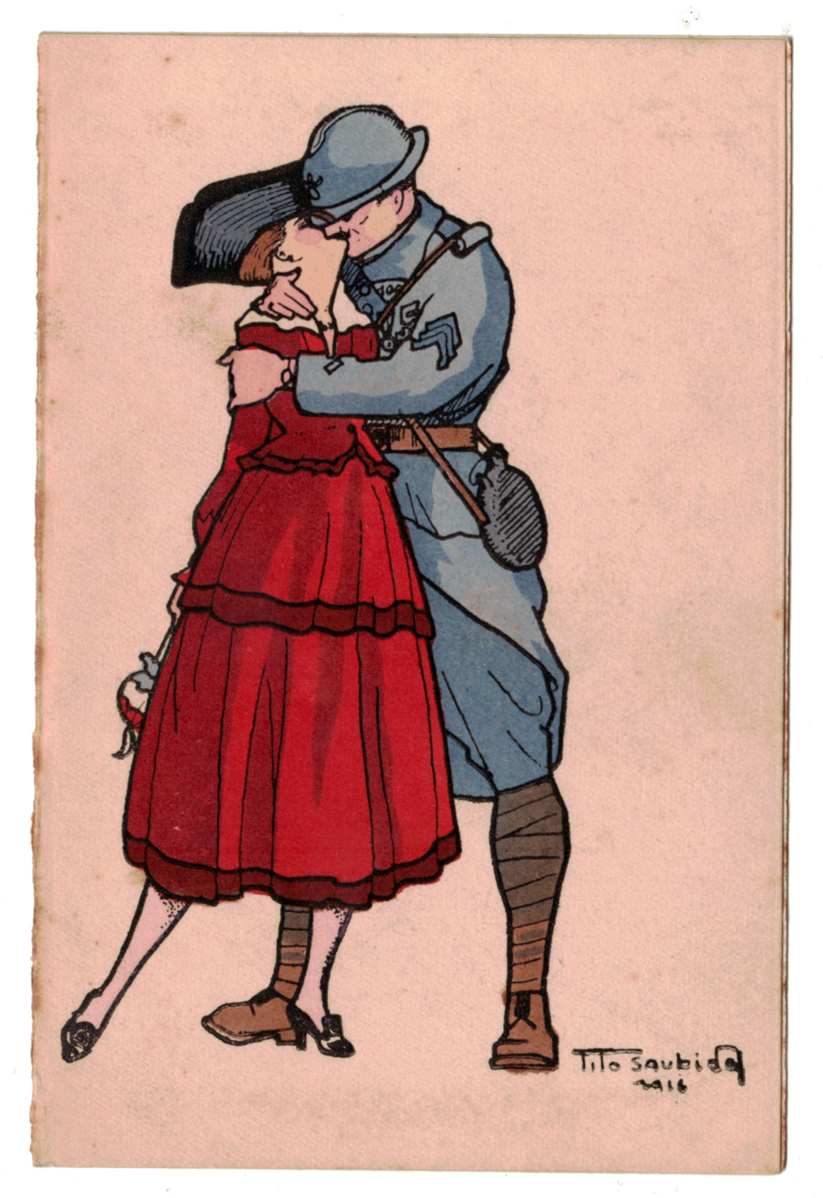 Poilu en permission et sa belle française un baiser fougueux - Tito Saubidet (1891-1955)