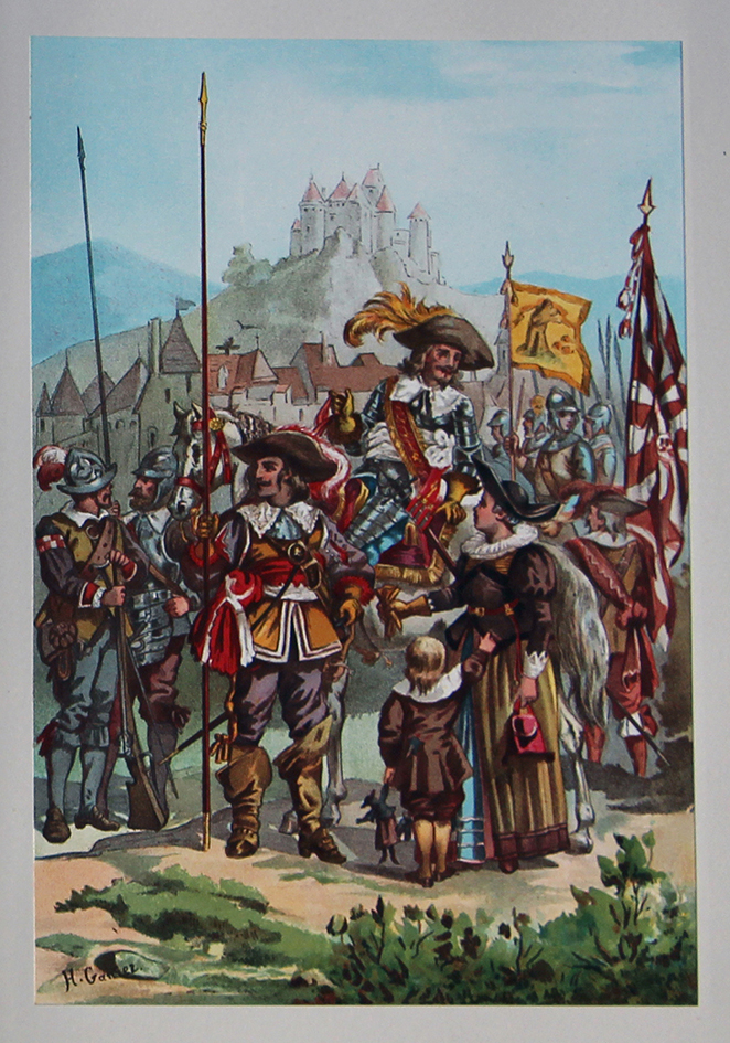 Costumes des Régiments et des Milices recrutés dans les anciennes provinces d'Alsace et de la Sarre. Les Républiques de Strasbourg et de Mulhouse. La Principauté de Montbéliard et le Duché de Lorraine pendant les XVIIe et XVIIIe siècles.