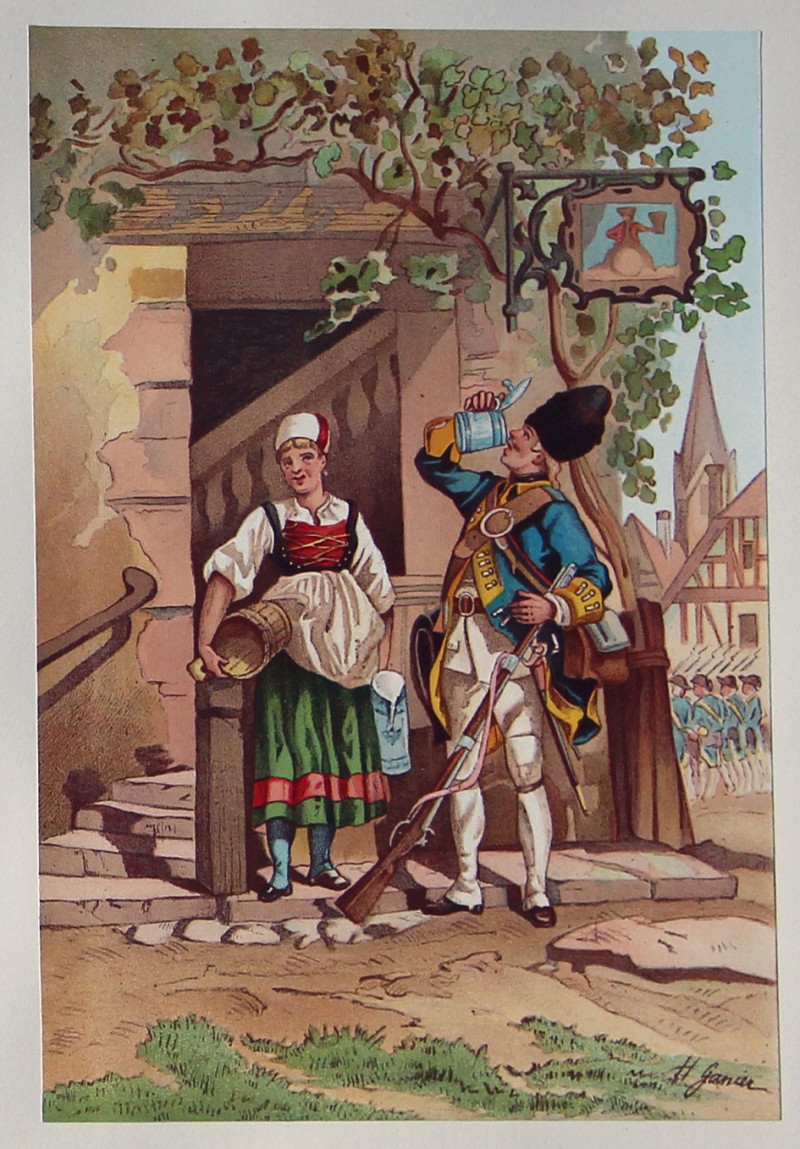 Costumes des Régiments et des Milices recrutés dans les anciennes provinces d'Alsace et de la Sarre. Les Républiques de Strasbourg et de Mulhouse. La Principauté de Montbéliard et le Duché de Lorraine pendant les XVIIe et XVIIIe siècles.