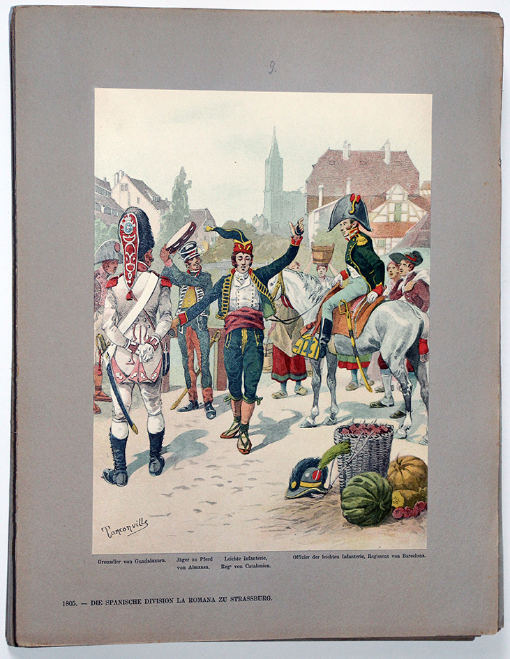 Les garnisons d'Alsace - Gravure Tanconville - Les troupes espagnoles division Romana à Strasbourg 1805