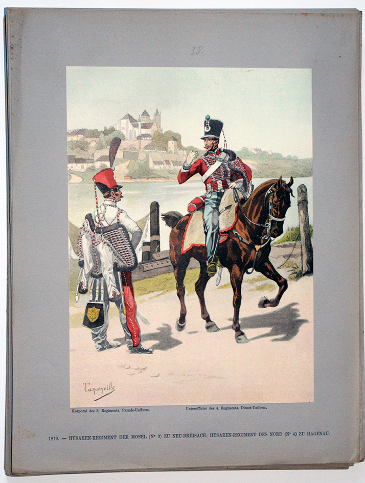 Les garnisons d'Alsace - Gravure Tanconville - Hussards du Nord et Hussards de la Moselle 1819