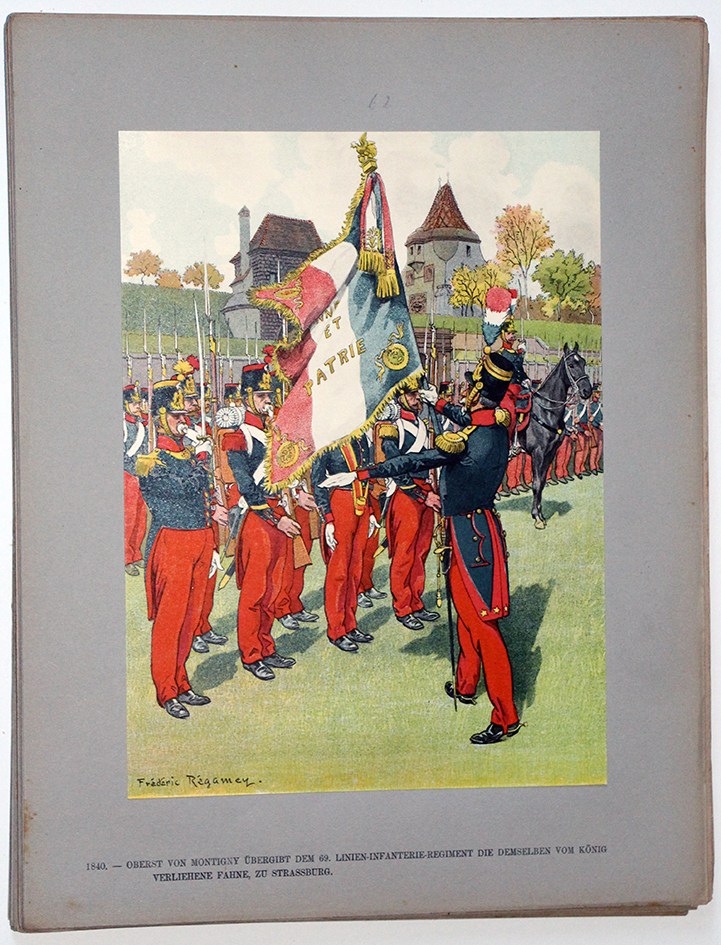 Les garnisons d'Alsace - Gravure Regamey - Remise de drapeau Infanterie de Ligne 1840