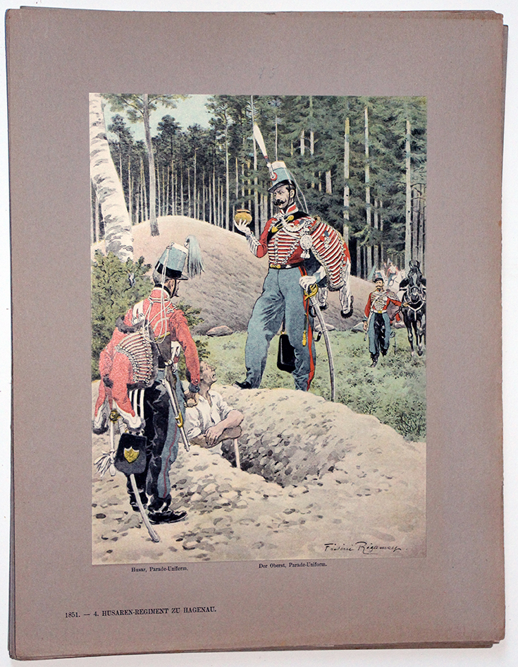 Les garnisons d'Alsace - Gravure Regamey - 4e Régiment de de Hussards 1851