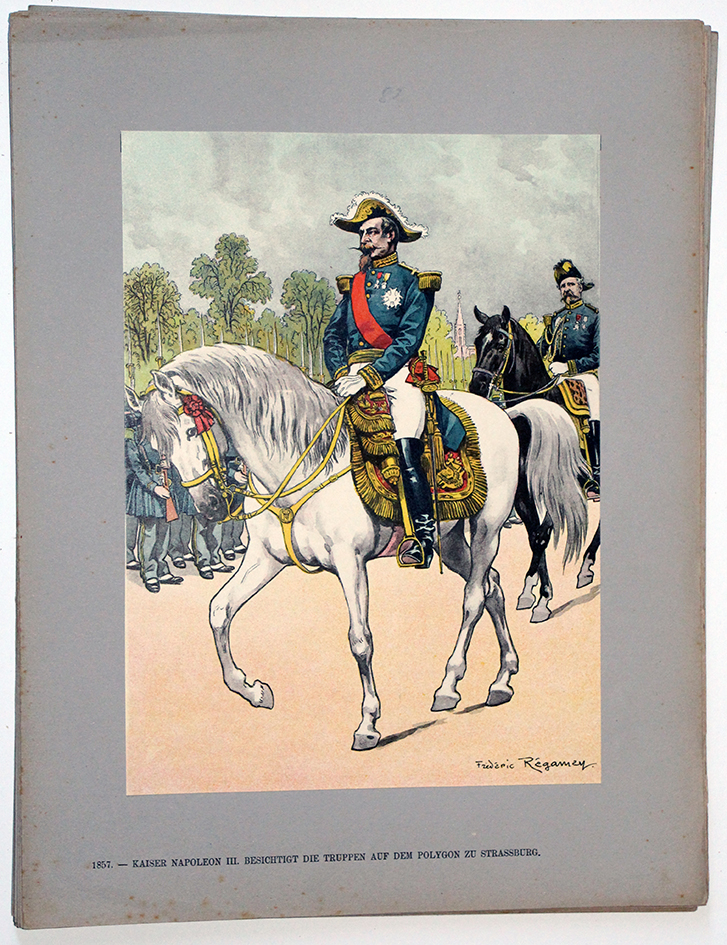 Les garnisons d'Alsace - Gravure Regamey - Napoléon III parade des troupes Strasbourg 1857