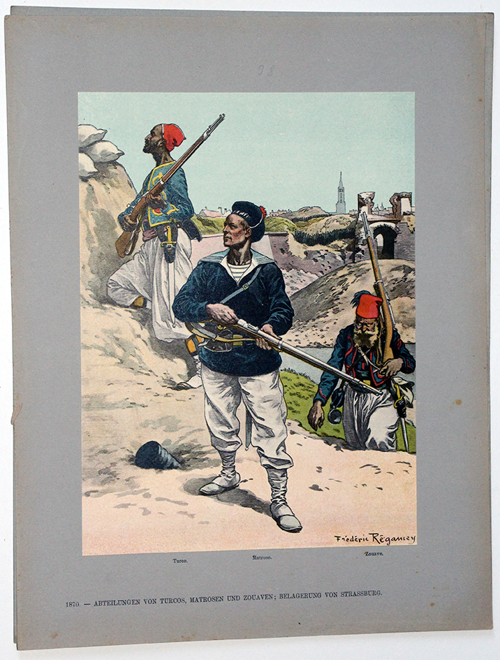 Les garnisons d'Alsace - Gravure Regamey - Marins Turcos et Zouaves - Siège de Strasbourg 1870