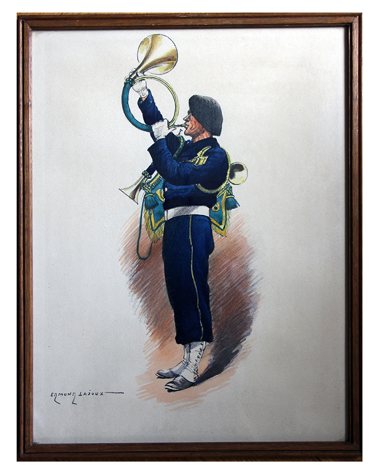 Musicien Chasseur à Pied 1939 - cor et clairon - Edmond Lajoux - Gravure rehaussée pochoir sous cadre