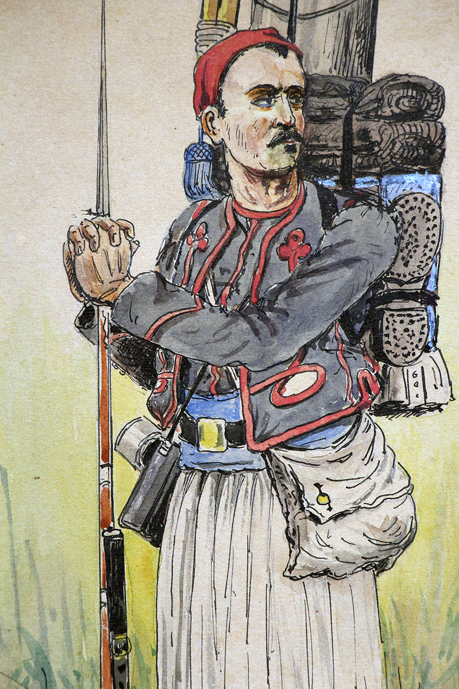 Dessin rehaussé - Zouaves uniforme - Soldat en faction - Guerre 14/18