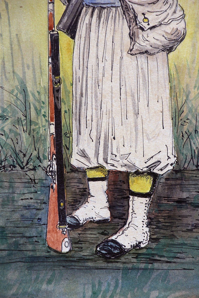 Dessin rehaussé - Zouaves uniforme - Soldat en faction - Guerre 14/18