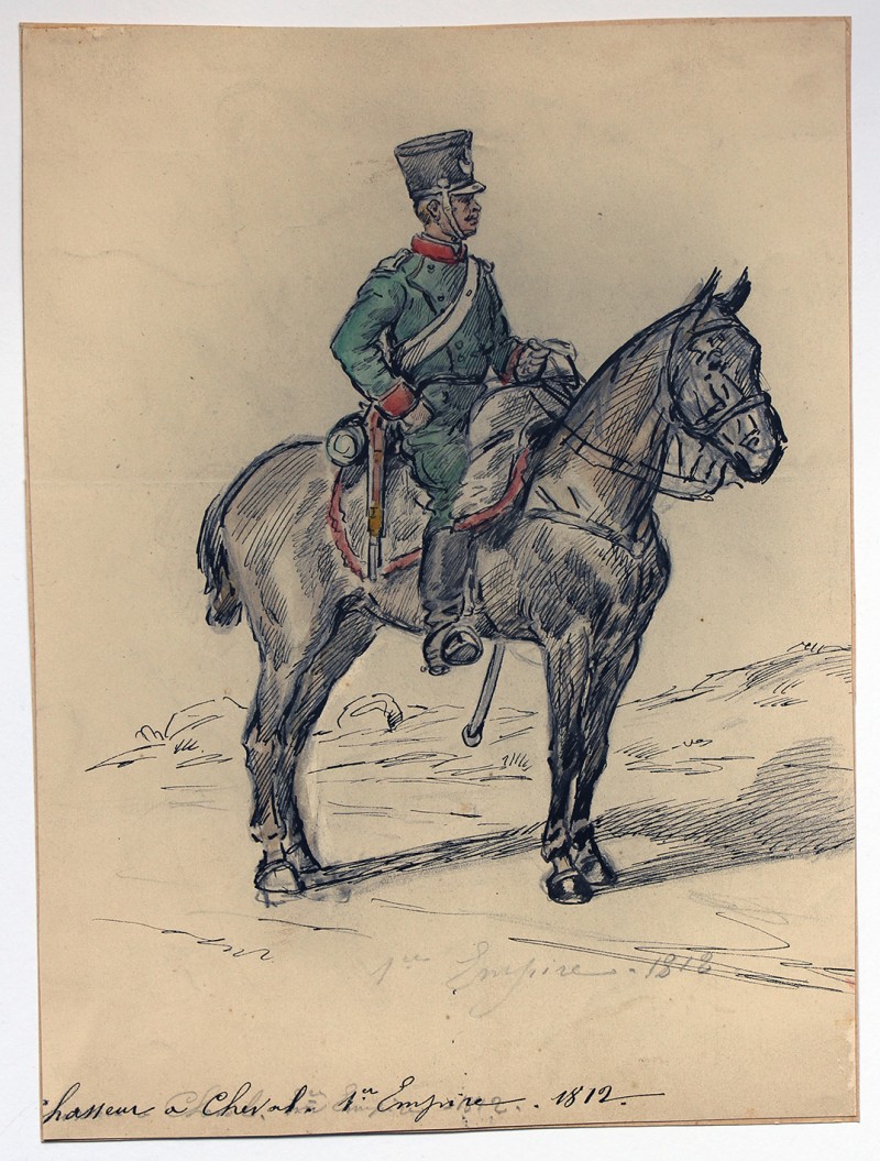 Dessin crayon rehaussé couleurs - Chasseur à Cheval - 1er Empire - Sans date.