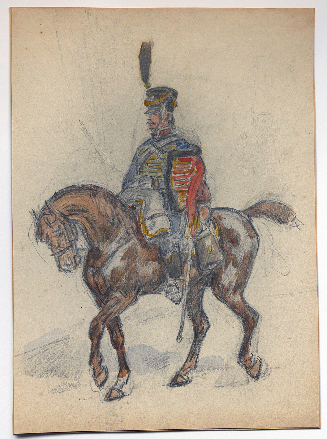 Dessin crayon rehaussé couleurs - Hussards - 1er Empire - Sans date.