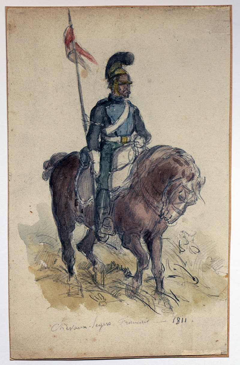 Dessin crayon rehaussé couleurs - Lanciers Chevau-Légers - 1er Empire - Sans date