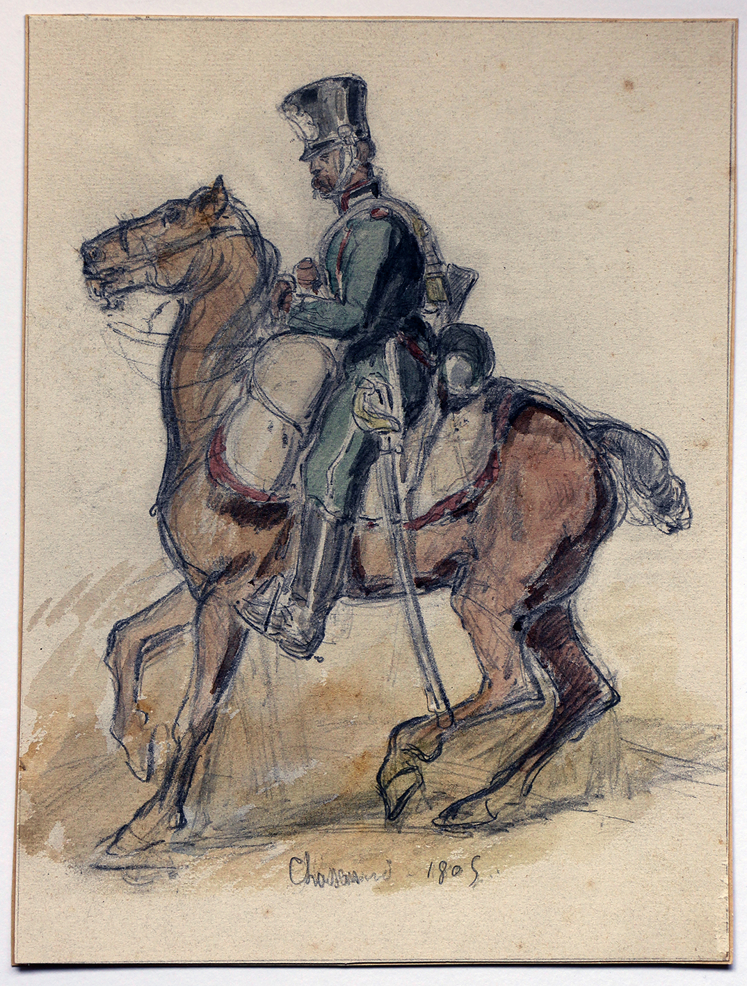 Dessin crayon rehaussé couleurs - Chasseur à Cheval - 1er Empire - Sans date