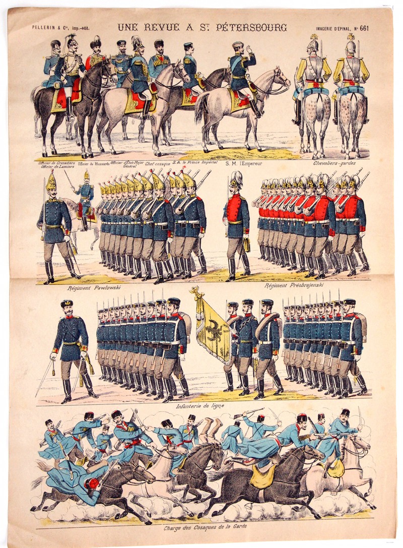 Planche Imagerie Epinal - Pellerin - Armée Russe - Etat Major - Une revue à St Petersbourg - N°661