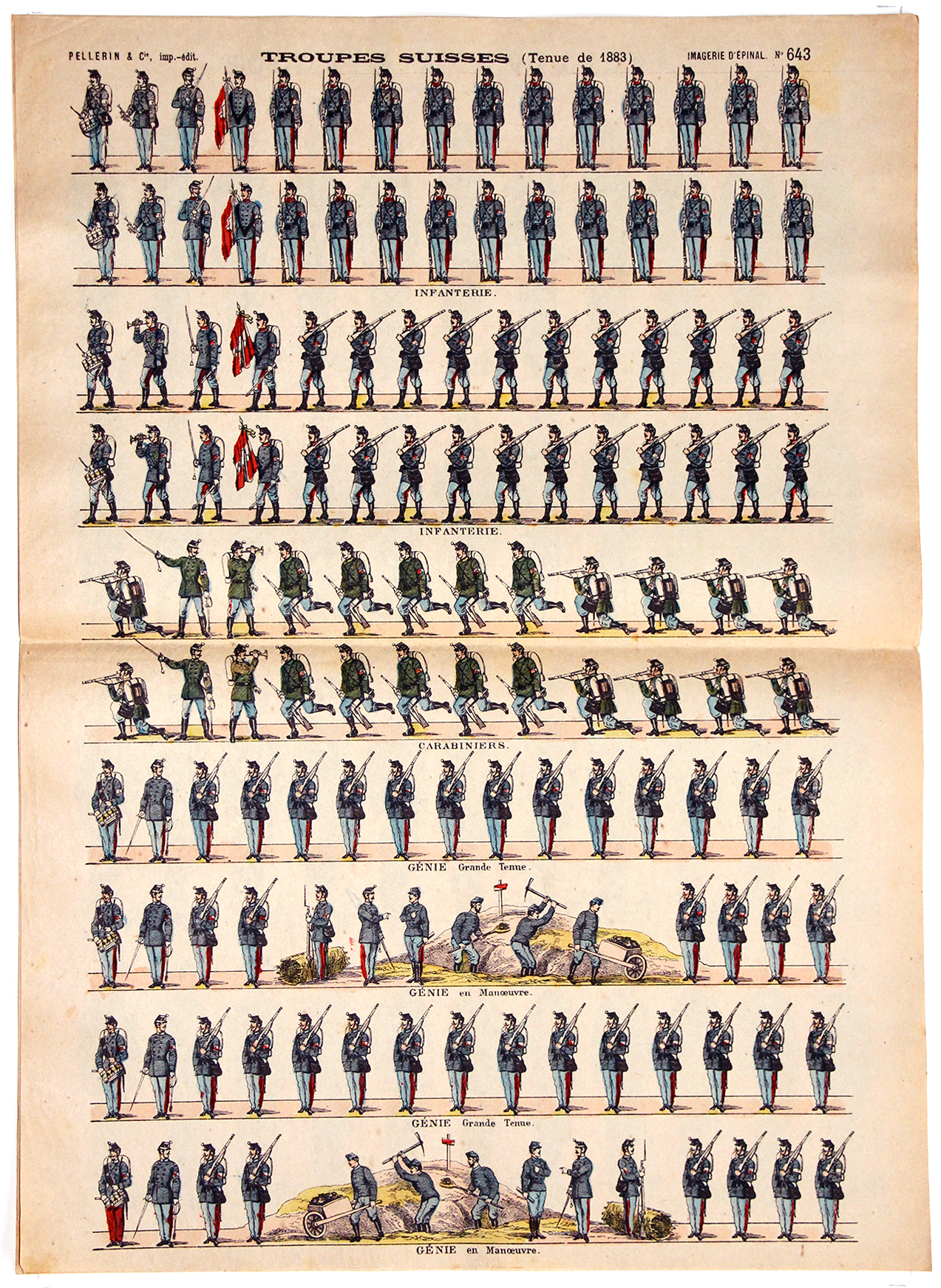 Planche Imagerie Epinal - Pellerin - Armée Suisse - Infanterie et génie