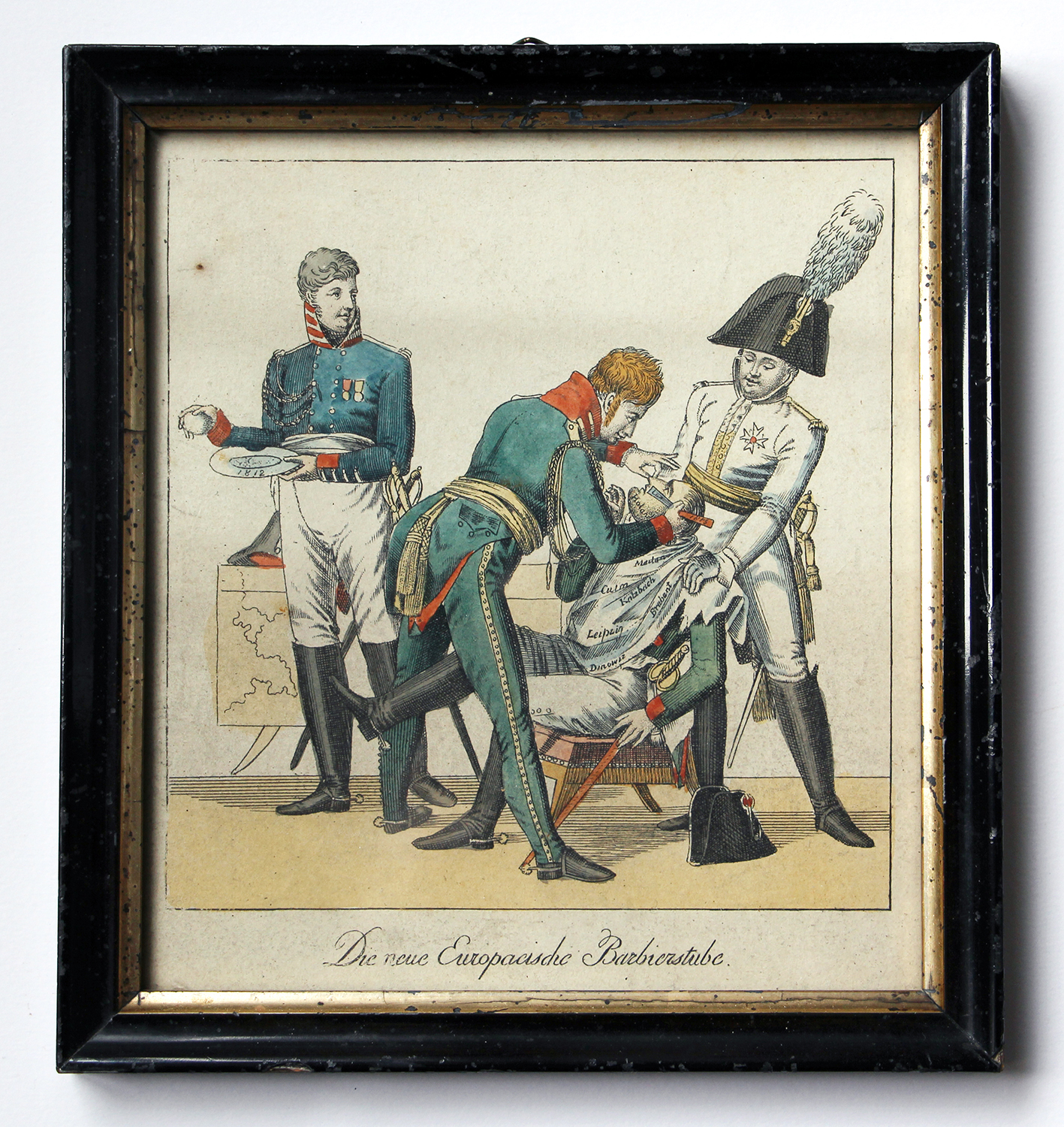 Gravure satirique XIX Napoléon rasé par les alliés.