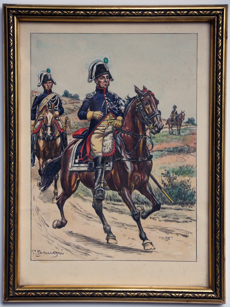 Dessin original rehaussé - Gendarmerie d'Elite - Pierre Bénigne 1801-1803 - Les Uniformes de la Garde Impériale - 1er Empire