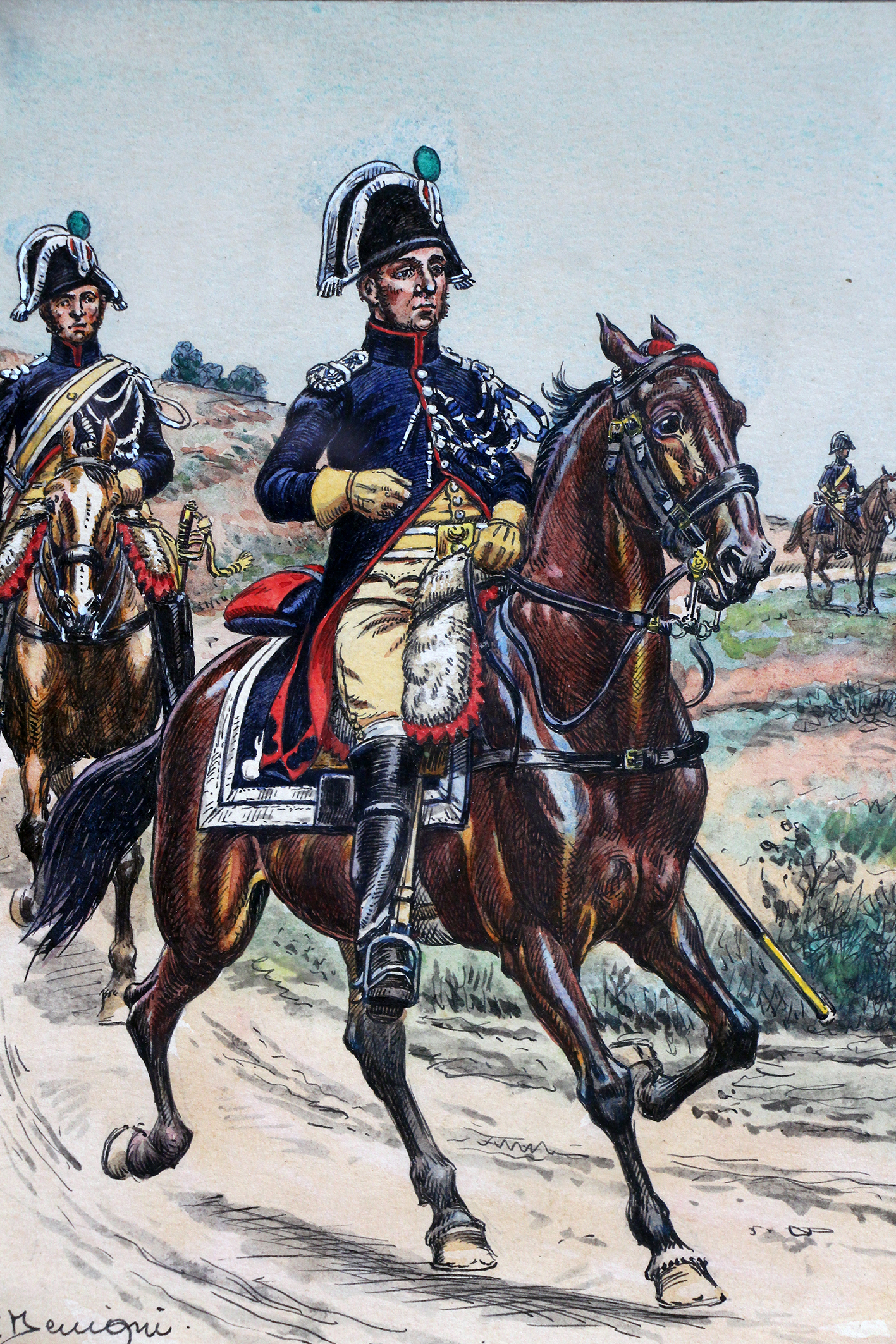 Dessin original rehaussé - Gendarmerie d'Elite - Pierre Bénigne 1801-1803 - Les Uniformes de la Garde Impériale - 1er Empire