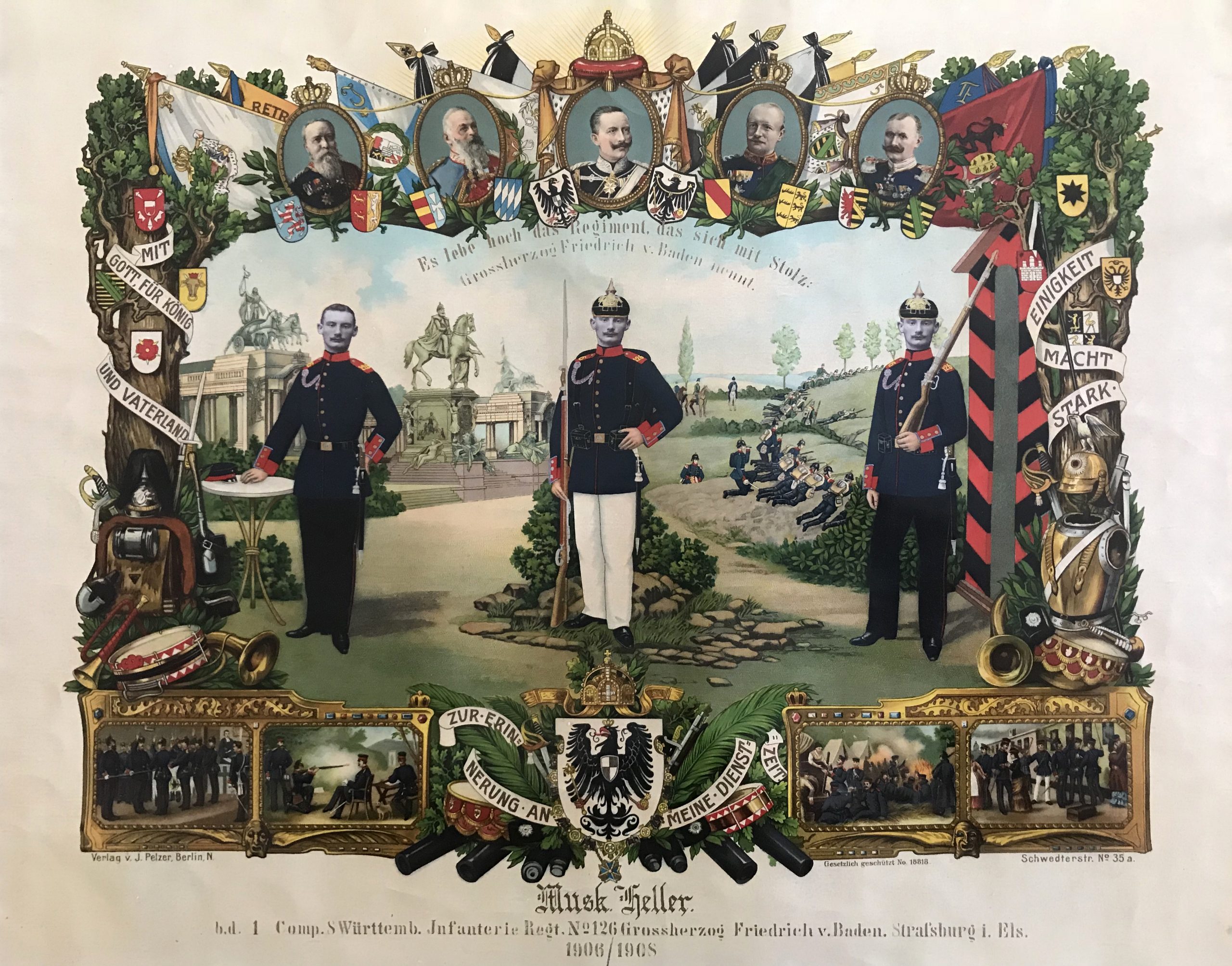 Tableau de Réserviste Allemand 1906/1908 - Uniforme Infanterie Régiment 126 - Baden - Garnison Strasbourg