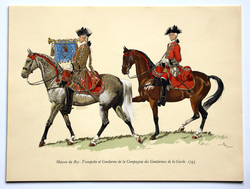 COLONEL DUGUÉ MAC Cathy - Planche Uniforme Maison du Roy - Trompette et Gendarme de la Compagnie des Gendarmes de la Garde - 1745