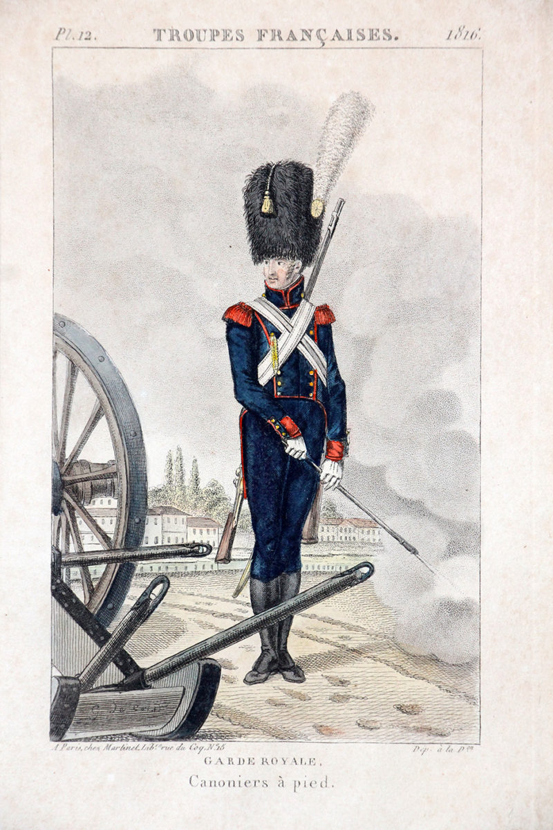 Gravure XIX - Martinet - Troupes françaises - Garde Royale 1816 - Canonnier à Pied