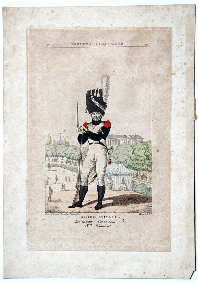 Gravure XIX - Canu - Troupes françaises - Garde Royale - Infanterie Chasseur 1816