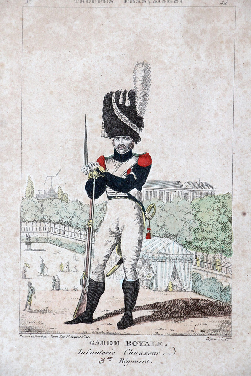 Gravure XIX - Canu - Troupes françaises - Garde Royale - Infanterie Chasseur 1816