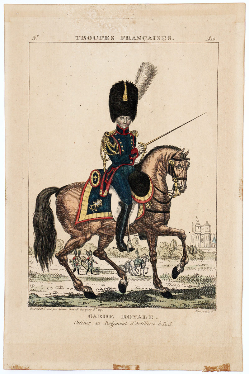 Gravure XIX - Canu - Troupes françaises - Garde Royale - Officier Artillerie à Pied - 1816