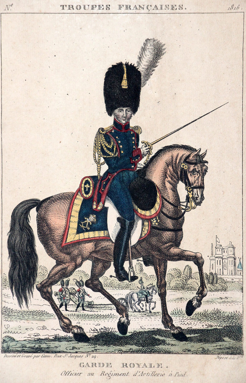 Gravure XIX - Canu - Troupes françaises - Garde Royale - Officier Artillerie à Pied - 1816
