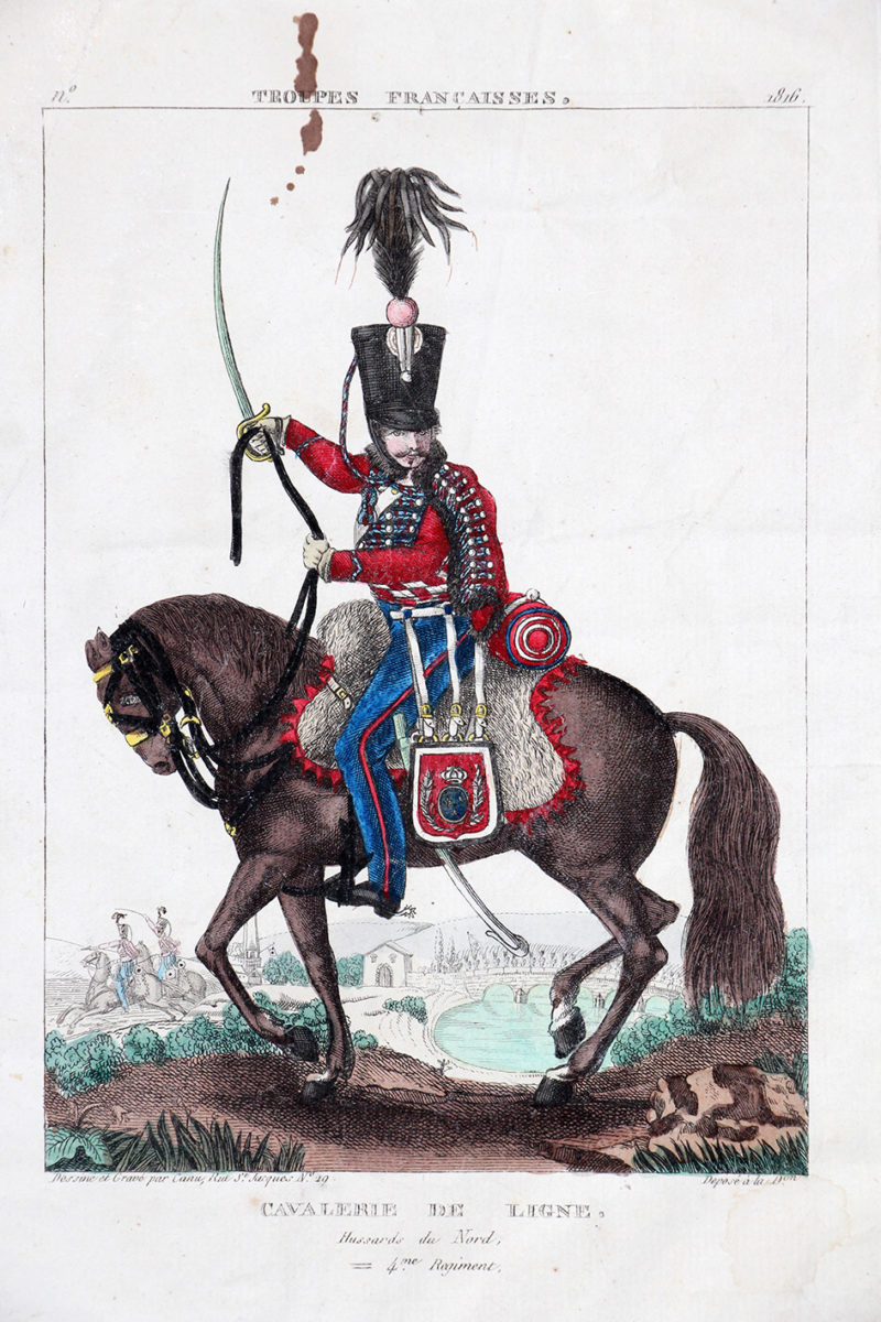 Gravure XIX - Canu - Troupes françaises - Cavalerie Légère de ligne - Hussards du Nord N°4 - 1816