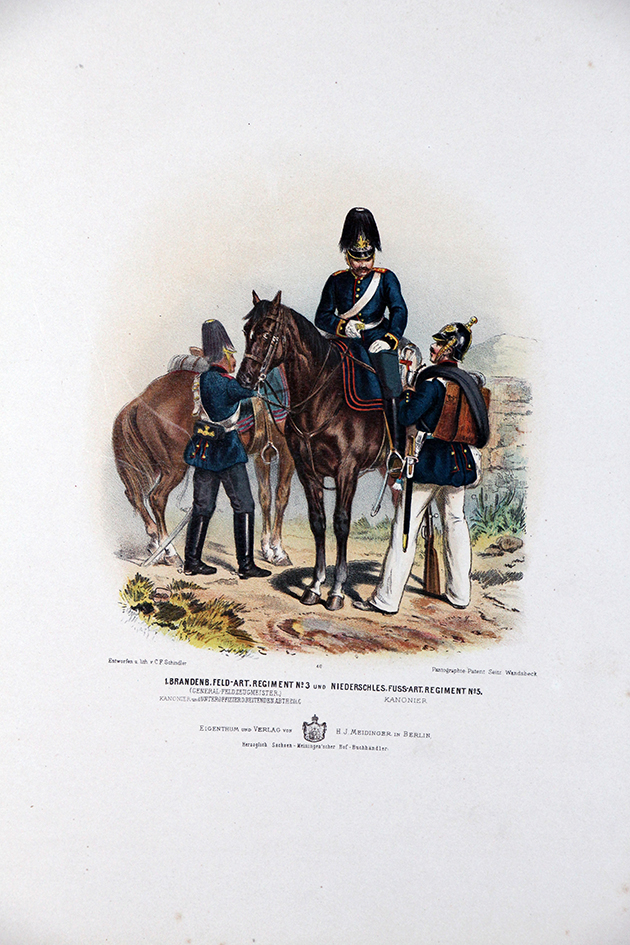 Gravure Chromolithographie XIX - Armée Prussienne - Artillerie - Uniforme