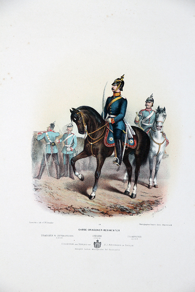 Gravure Chromolithographie XIX - Armée Prussienne - Dragons de la Garde - Uniforme