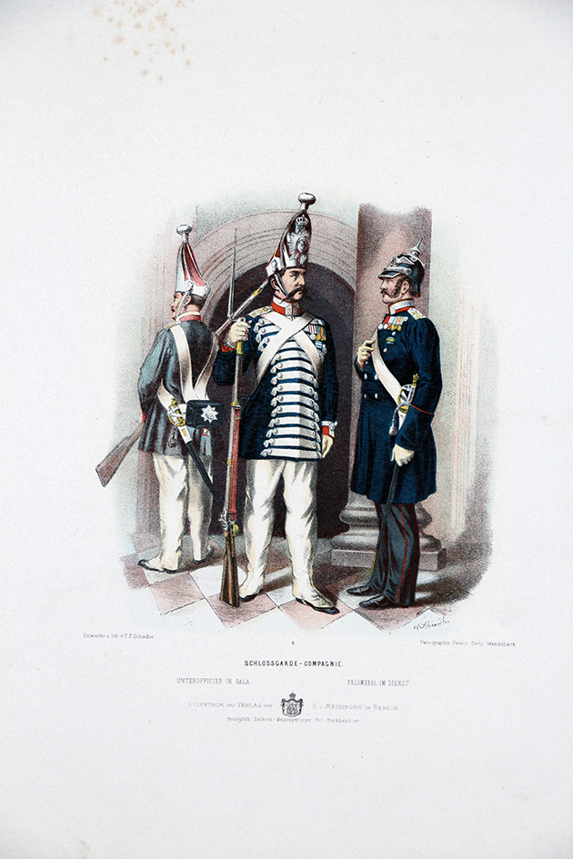 Gravure Chromolithographie XIX - Armée Prussienne - Garde du Château - Uniforme