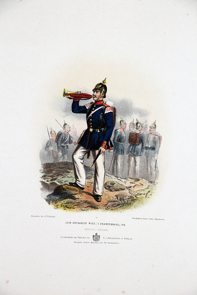 Gravure Chromolithographie XIX - Armée Prussienne - Leib Grenadier- Uniforme