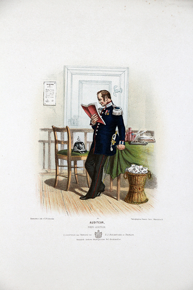 Gravure Chromolithographie XIX - Armée Prussienne - Administration de Guerre - Uniforme