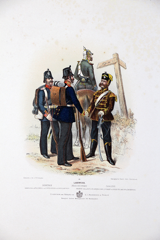 Gravure Chromolithographie XIX - Armée Prussienne - Troupes Landwehr - Uniforme