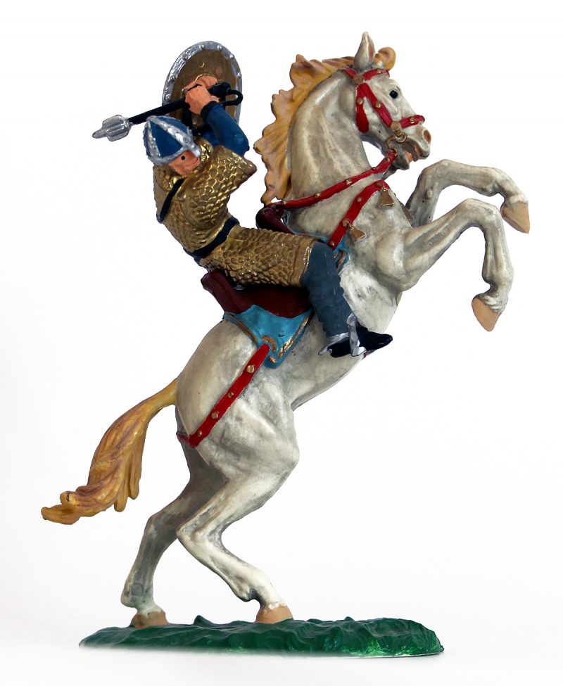 Ancienne Figurine Hausser Elastolin German plastic Normand Elastolin Norman on Rearing Horse Attacking with Hammer