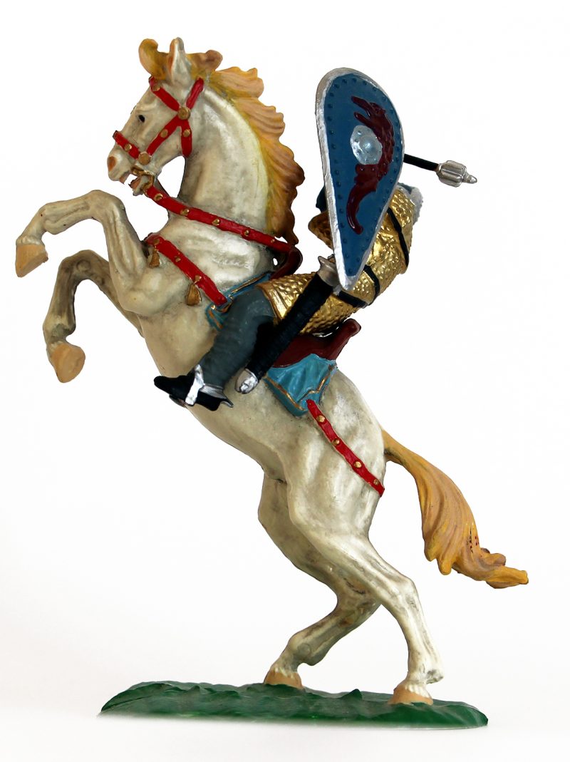 Ancienne Figurine Hausser Elastolin German plastic Normand Elastolin Norman on Rearing Horse Attacking with Hammer