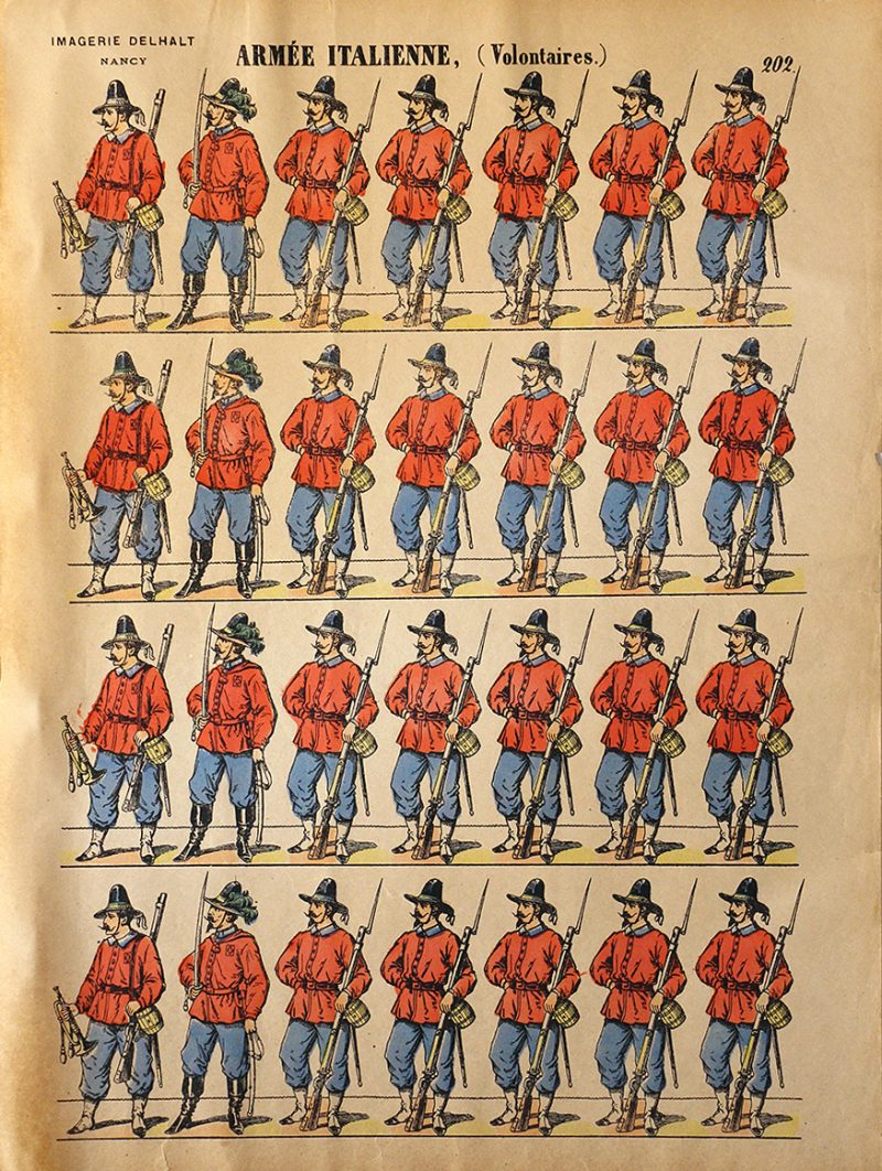 Planche Imagerie Dehalt Nancy - Imagerie Populaire - N°202 - Armée Italienne - Volontaire - Garibaldi - Chemise rouge