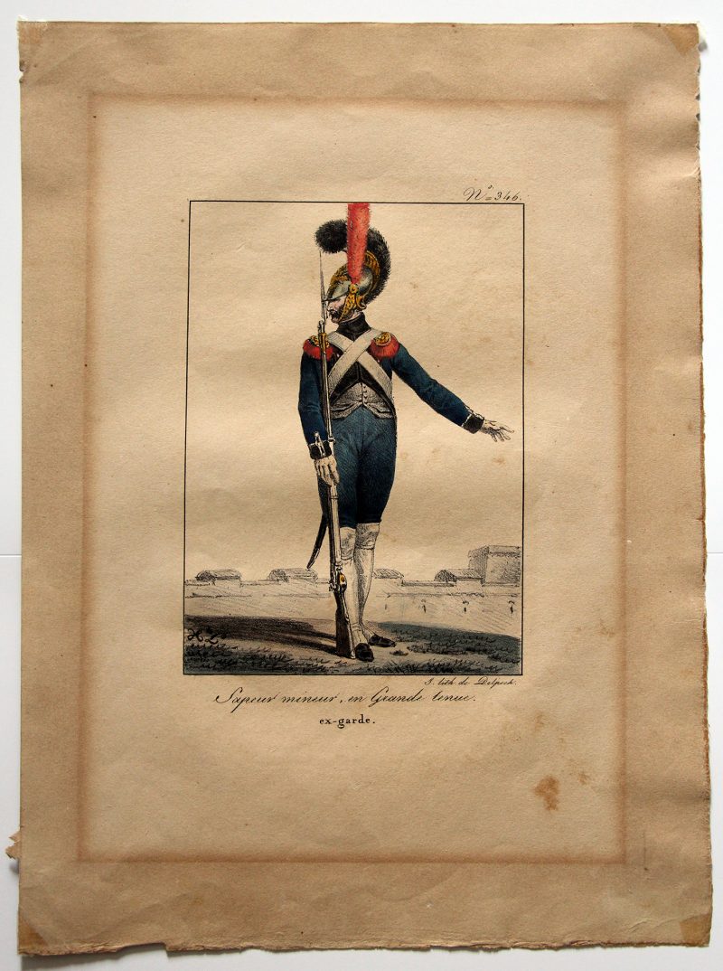 Gravure XIX - Sapeur Mineur en grande tenue - Ex- Garde - Première Restauration - Lithographie Delpech - N°346