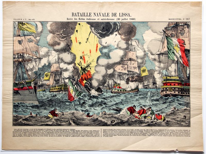 Planche imagerie Epinal - Bataille Navale de Lissa 1866 - Imagerie Populaire - Planche N°167 - Guerre 1866 - Flotte - Marine - Italie - Autriche