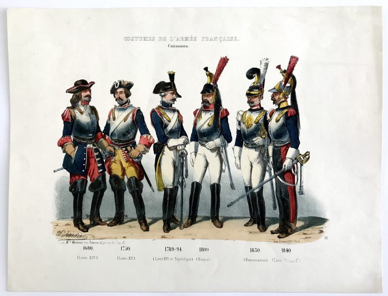 Planche ancienne sur l'armée Française - Charles Vernier - Costumes de l'armée Française - Cuirassiers N°33 - Rehaussée à la main