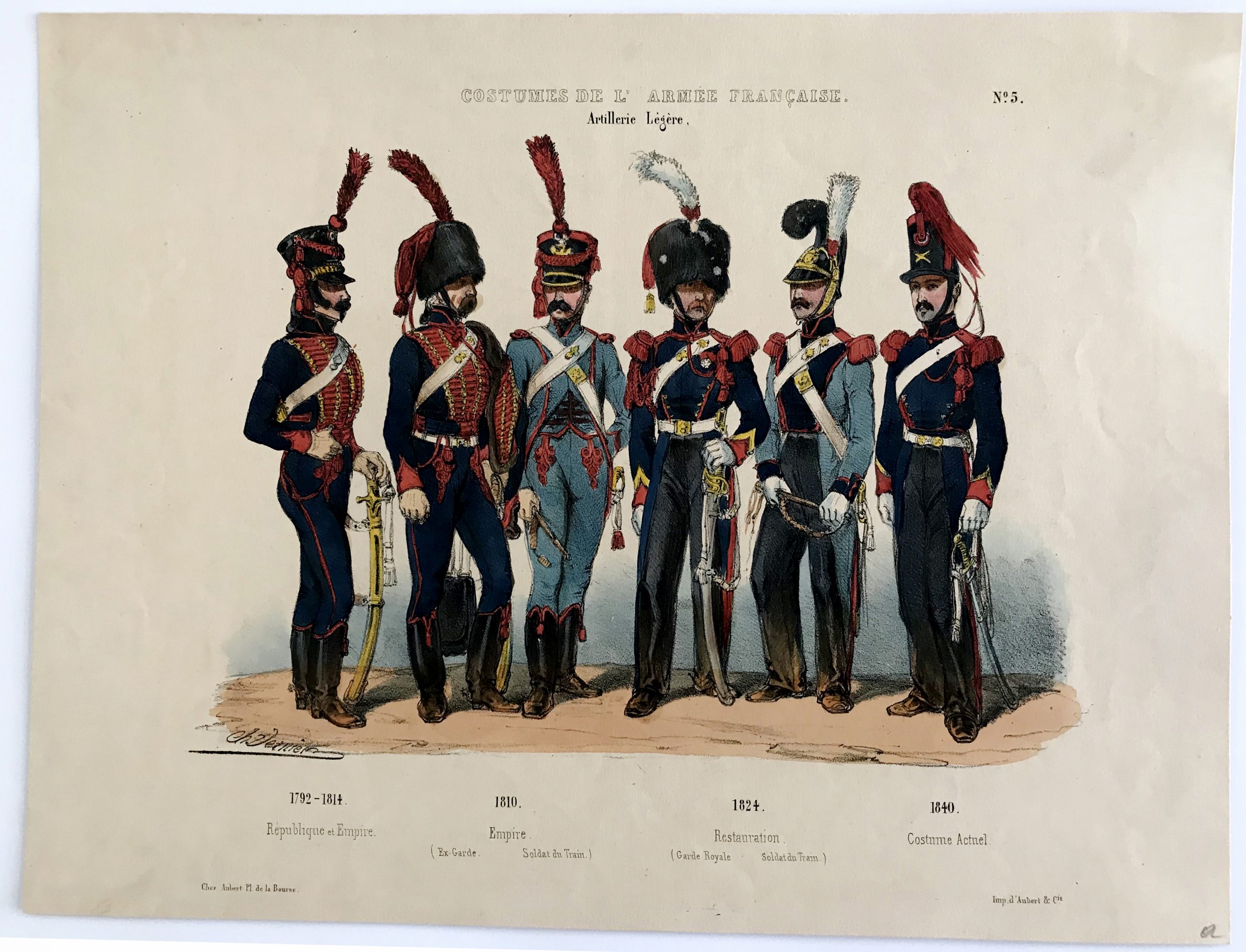 Planche ancienne sur l'armée Française - Charles Vernier - Costumes de l'armée Française - Artillerie Légère N°5 - Rehaussée à la main