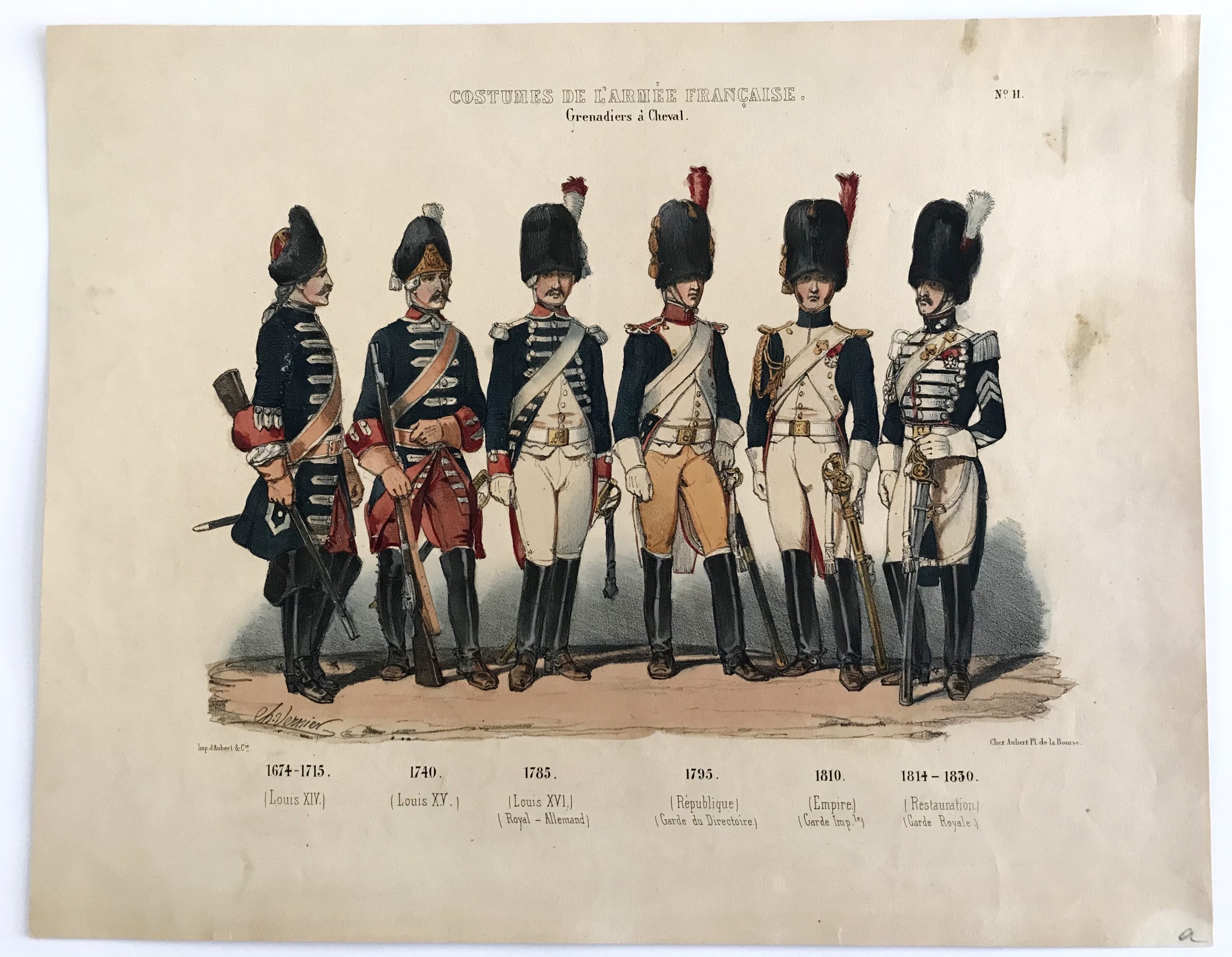 Planche ancienne sur l'armée Française - Charles Vernier - Costumes de l'armée Française - Grenadiers a Cheval N°11 - Rehaussée à la main
