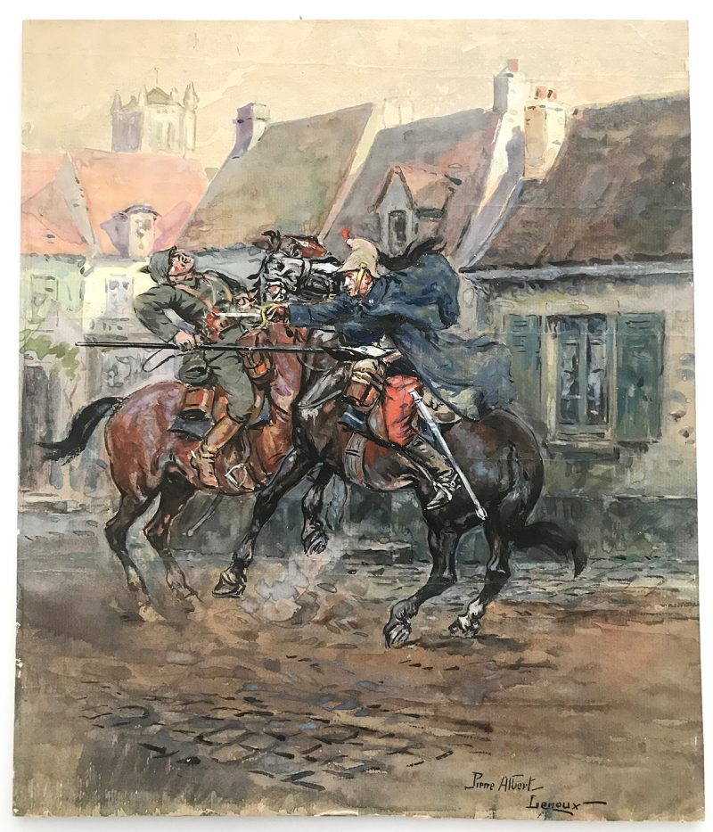 Peinture originale rehaussée - Combat 14/18 - Pierre Albert Leroux - Combat aux avant postes - gouache - Dragons contre Uhlan Prussien