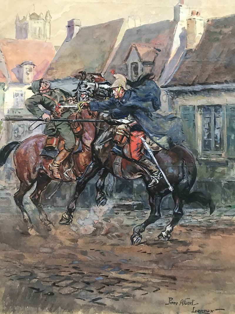 Peinture originale rehaussée - Combat 14/18 - Pierre Albert Leroux - Combat aux avant postes - gouache - Dragons contre Uhlan Prussien