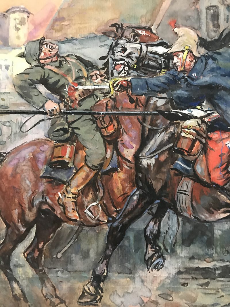 Peinture originale rehaussée - Combat 14/18 - Pierre Albert Leroux - Combat aux avant postes - gouache - Dragons contre Uhlan Prussien