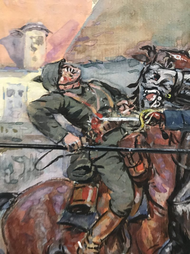 Peinture originale rehaussée - Combat 14/18 - Pierre Albert Leroux - Combat aux avant postes - gouache - Dragons contre Uhlan Prussien