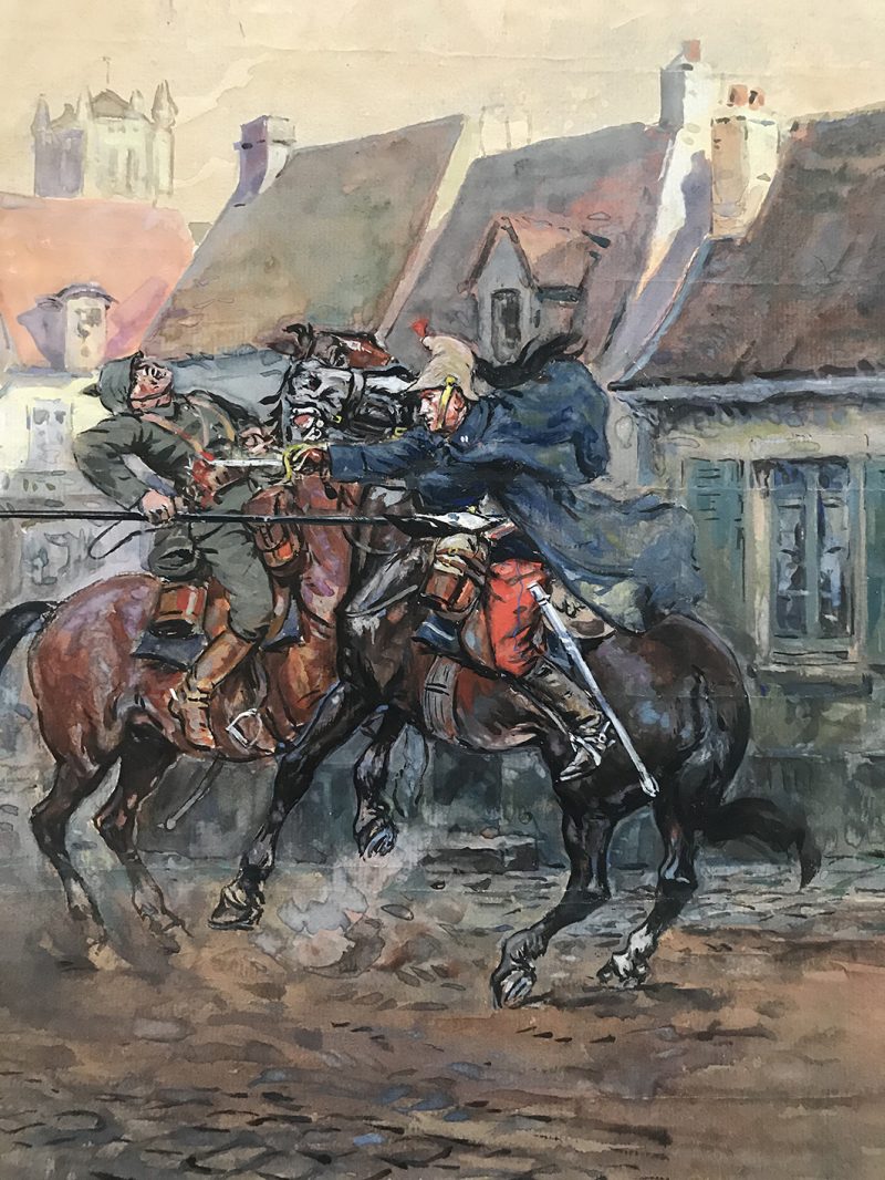 Peinture originale rehaussée - Combat 14/18 - Pierre Albert Leroux - Combat aux avant postes - gouache - Dragons contre Uhlan Prussien