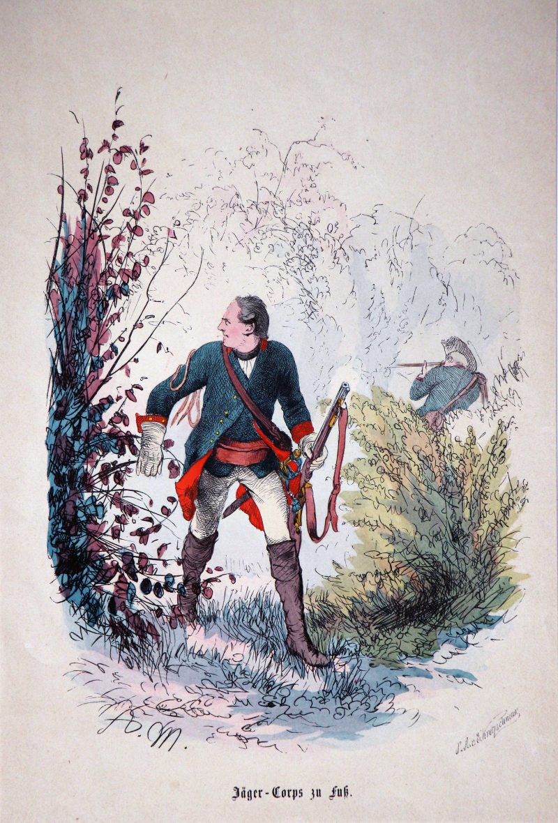 3 Gravures XIX - Prusse - Guerre de 7 ans - Uniforme - Chasseur à Cheval - Mineur Sapeur - Chasseur