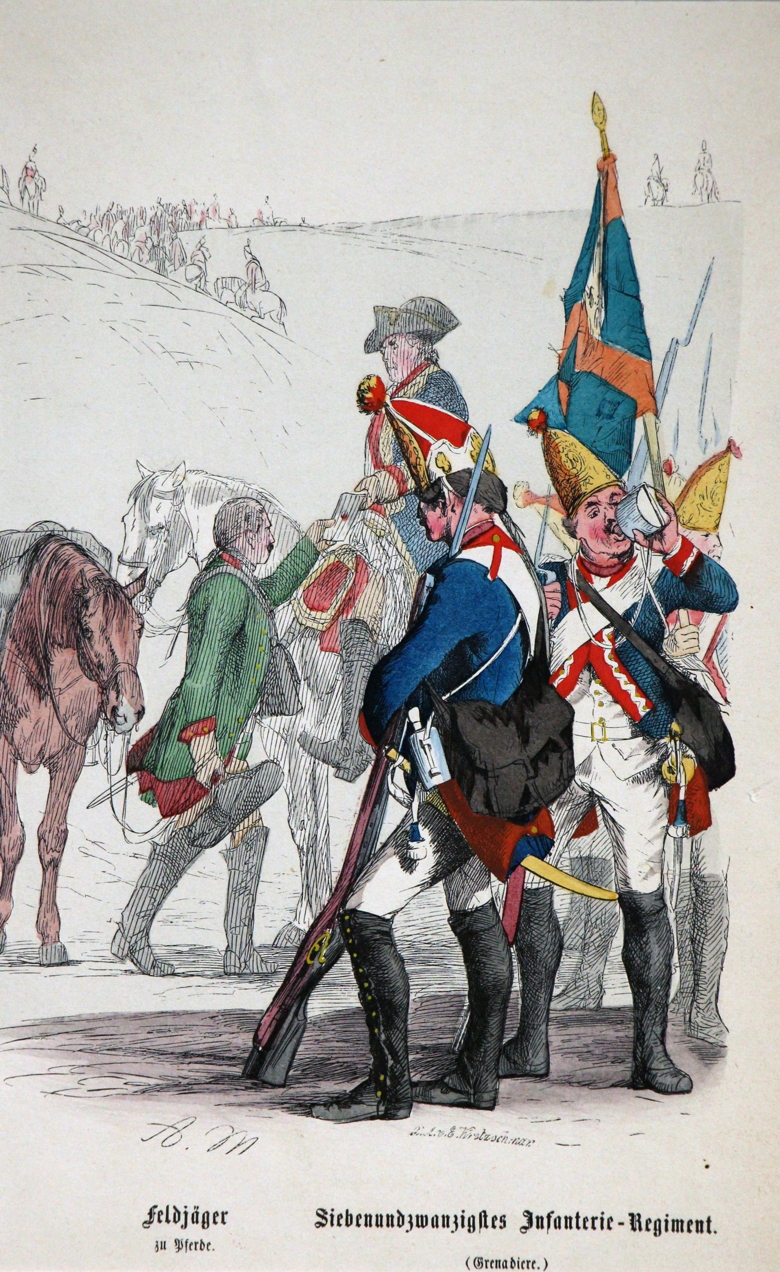 3 Gravures XIX - Prusse - Guerre de 7 ans - Uniforme - Chasseur à Cheval - Mineur Sapeur - Chasseur